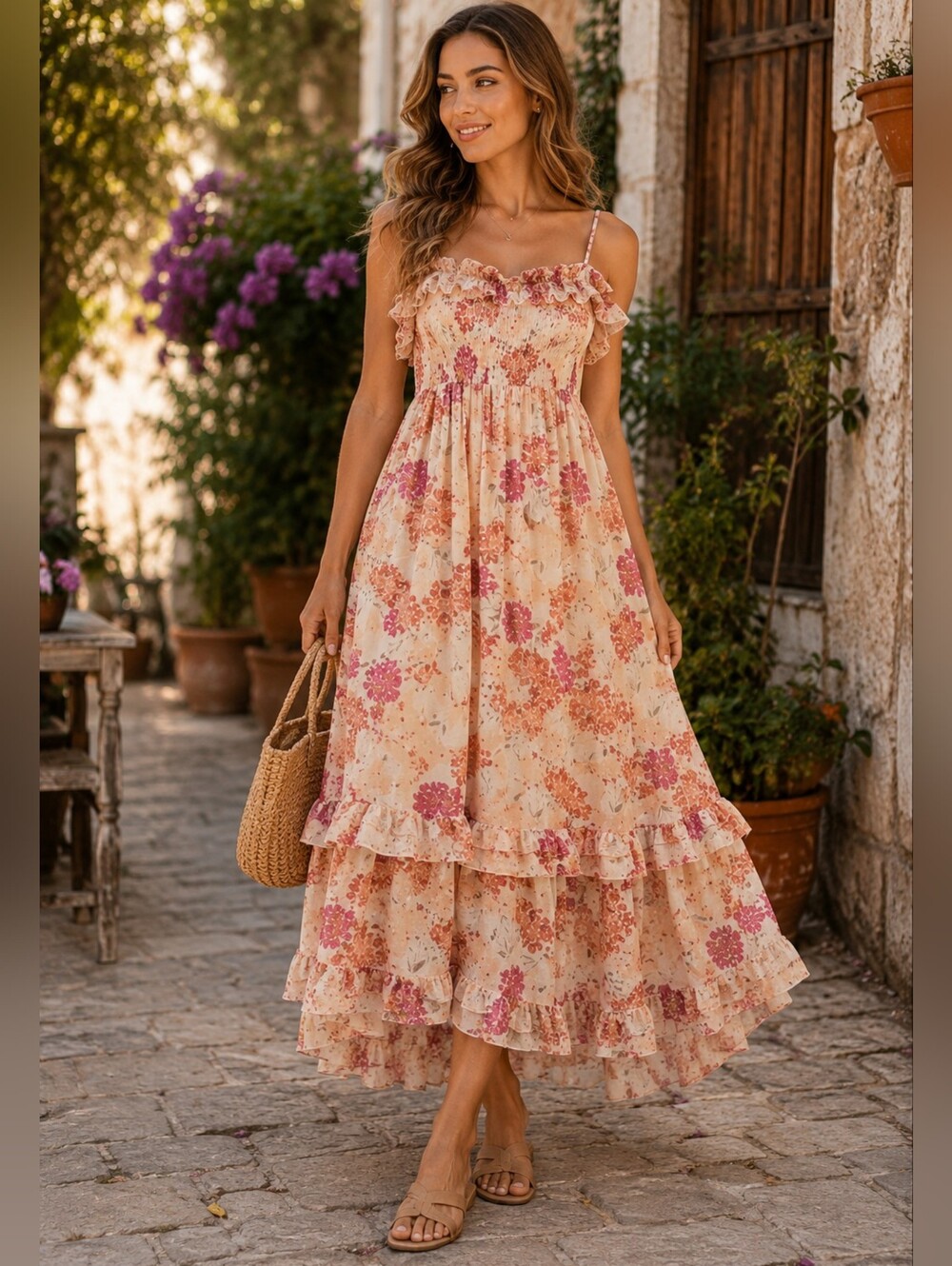 ELLE Floral Tiered Maxi Dress Sz M Pink Orange Ruffle Boho Cottagecore Fairy